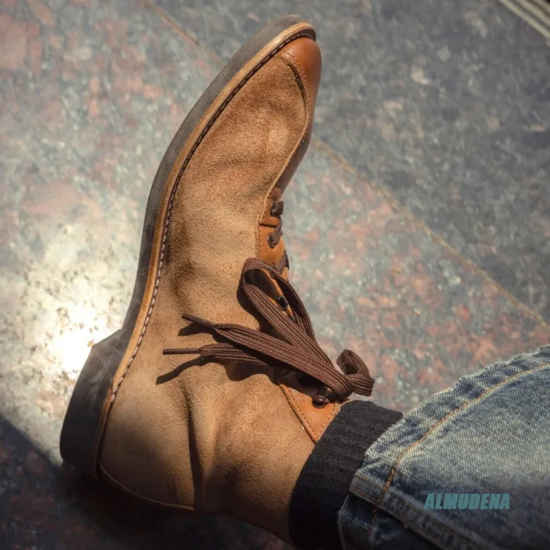 Brown Suede Leather Men's Boxing Boots Retro American Style Round Toe Lace-Up Two-Tone Workwear High-Top Ankle Boots