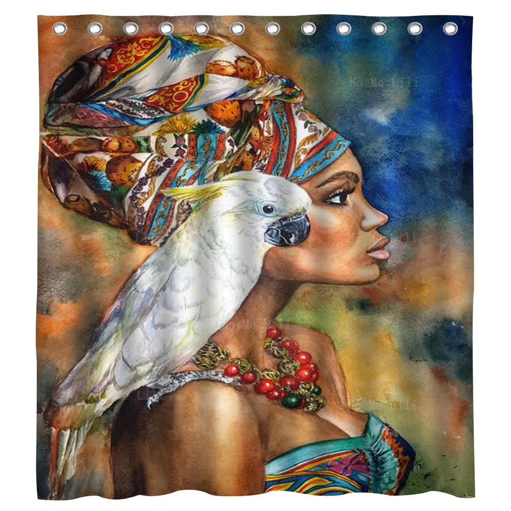 A Parrot Standing On The Shoulder Of A Pretty Woman In A Headscarf Shower Curtain By Ho Me Lili For Bathroom Decor