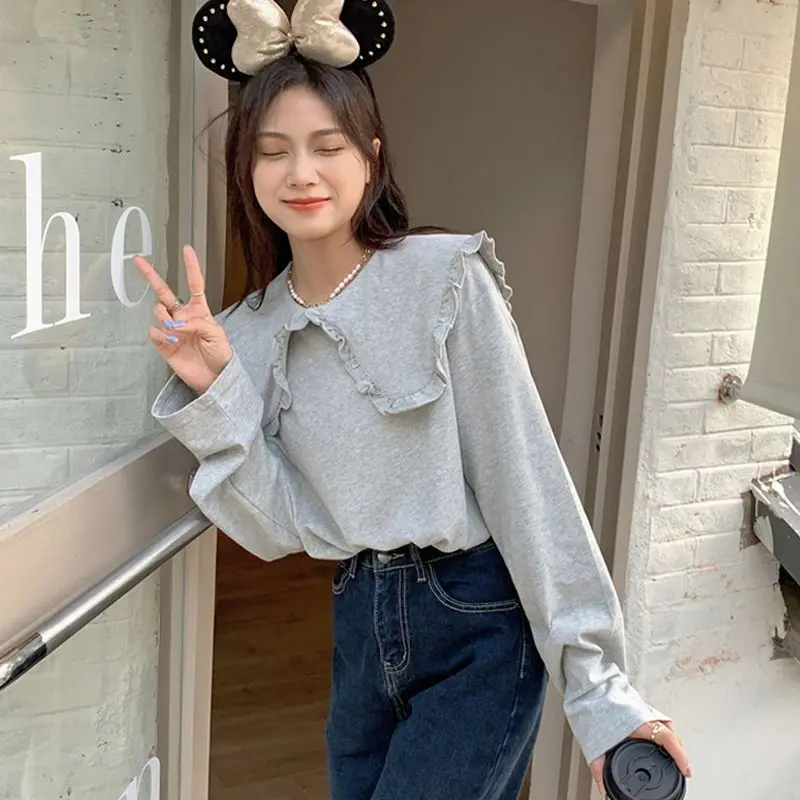 Pullovers Women Solid Ruffles Creativity Sweet All-match Autumn Leisure Basics Korean Style Charming Daily Simple Age-reducing