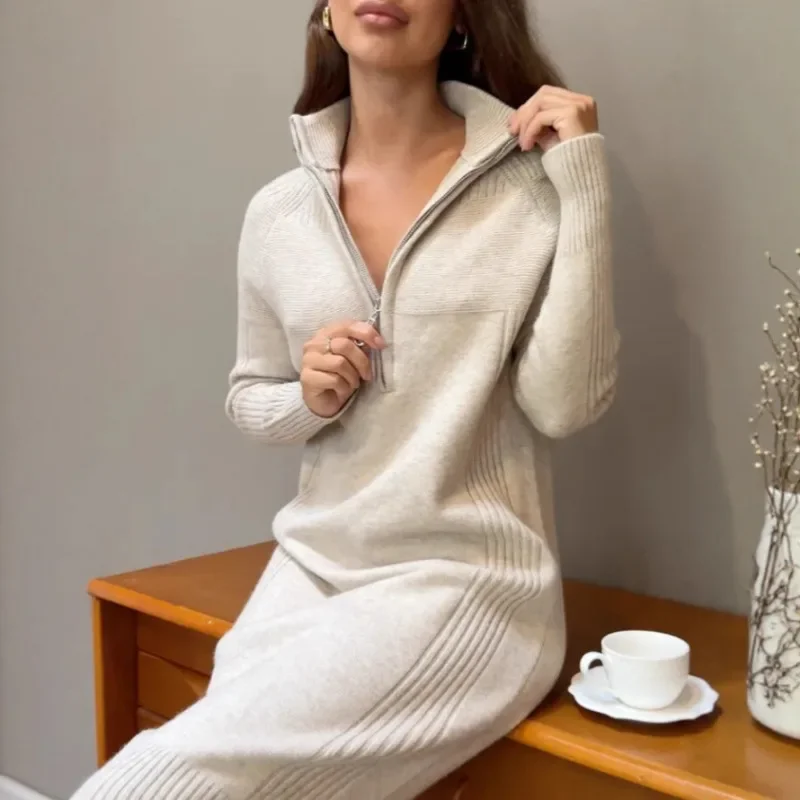 New Knitted Dress for Autumn and Winter Fashion. Women's Loose Zipper Half-open Collar Sweater Dress. Versatile for Casual Wear.