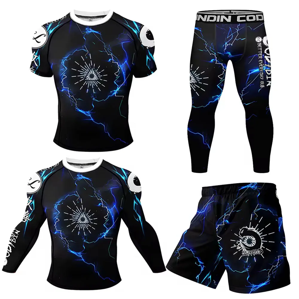 Azul MMA BJJ Rash Guard compresión camiseta + Leggings conjuntos boxeo Rashguard para hombres Bjj Gi Grappling Spats y pantalones cortos trajes deportivos