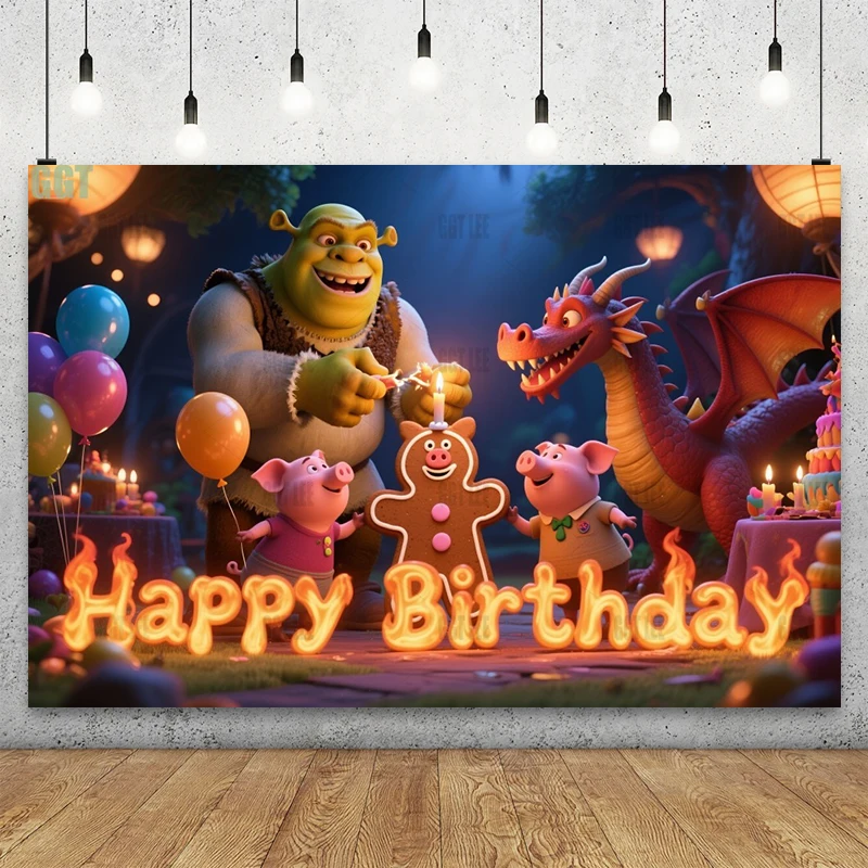 Disney Shrek cumpleaños explosión telón de fondo Gingy Dragon vinilo decoración de fiesta fotografía fondo feliz cumpleaños personalizado
