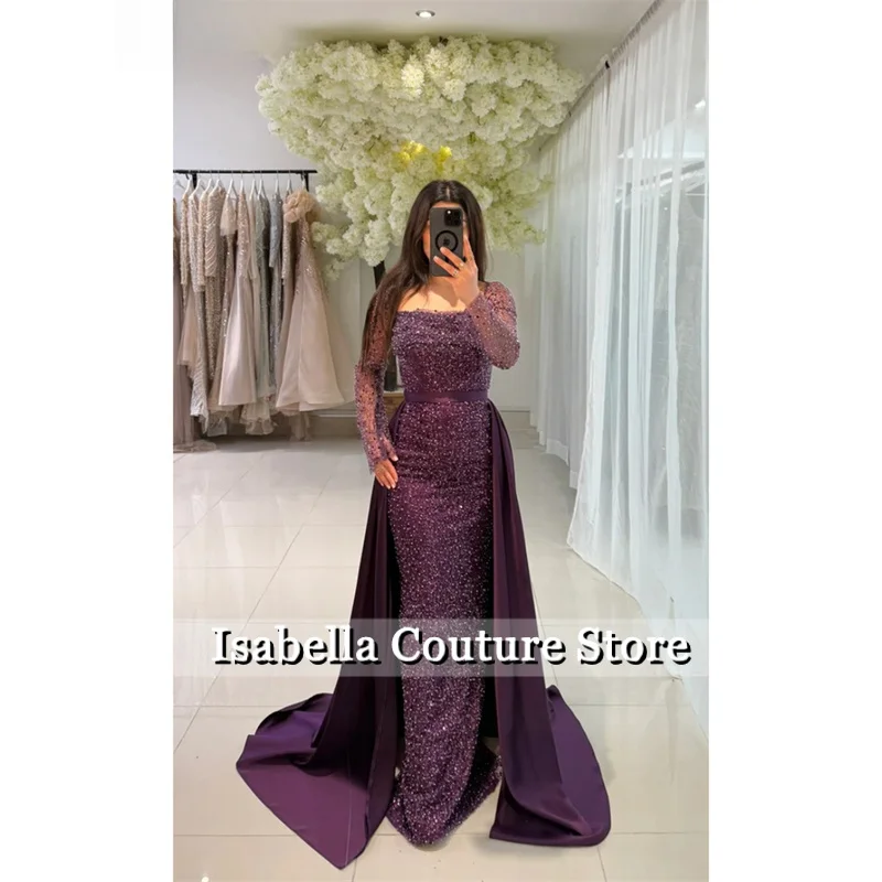 

Customized Purple Mermaid Beaded Detachable Train Prom Dress Long Sleeve Vestidos De Noche Floor-Length Formal Evening