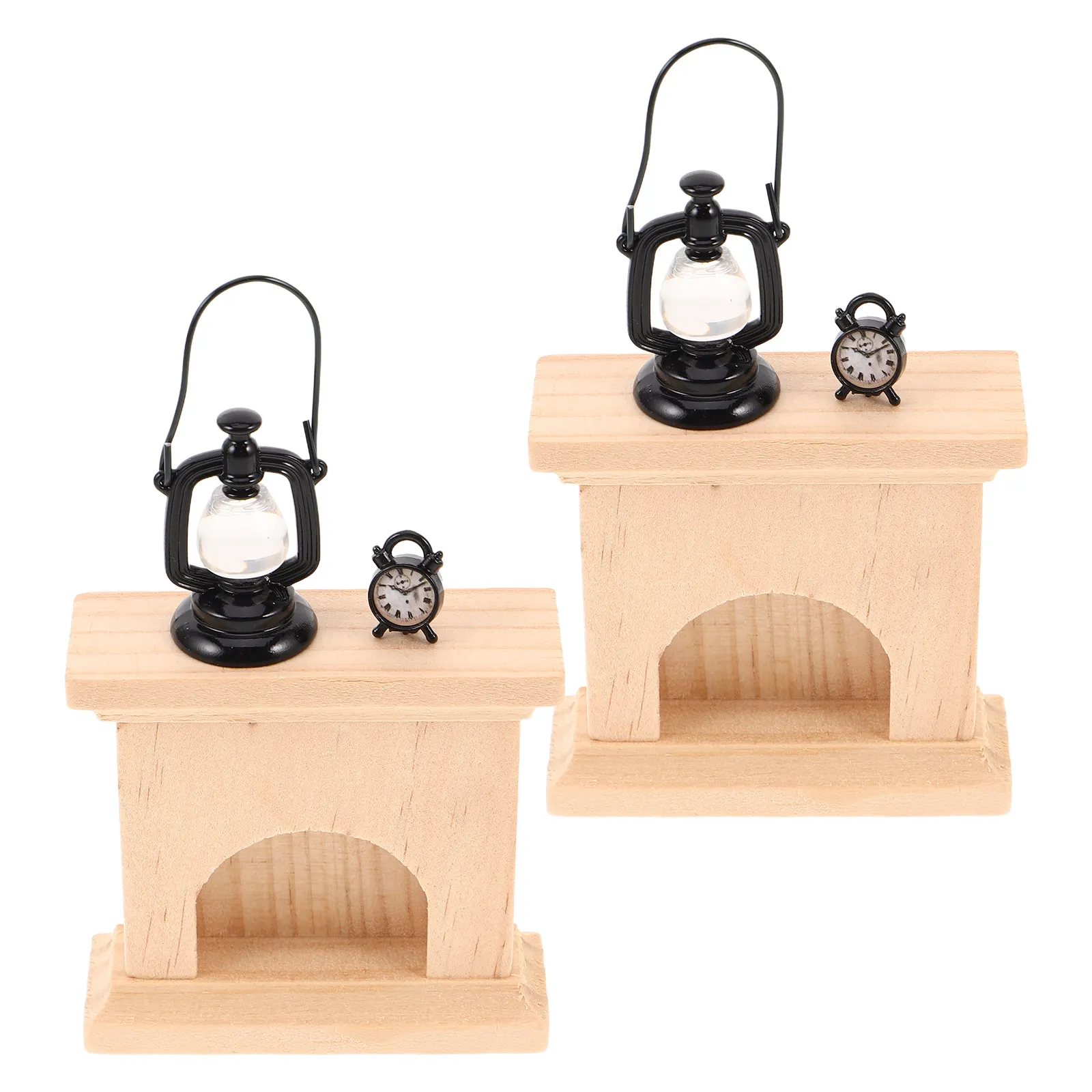 

2Set Miniature Wooden Fireplace Retro Oil Lamp Clock Decoration Christmas Pretend Playset Micro World Fireplace Accessory