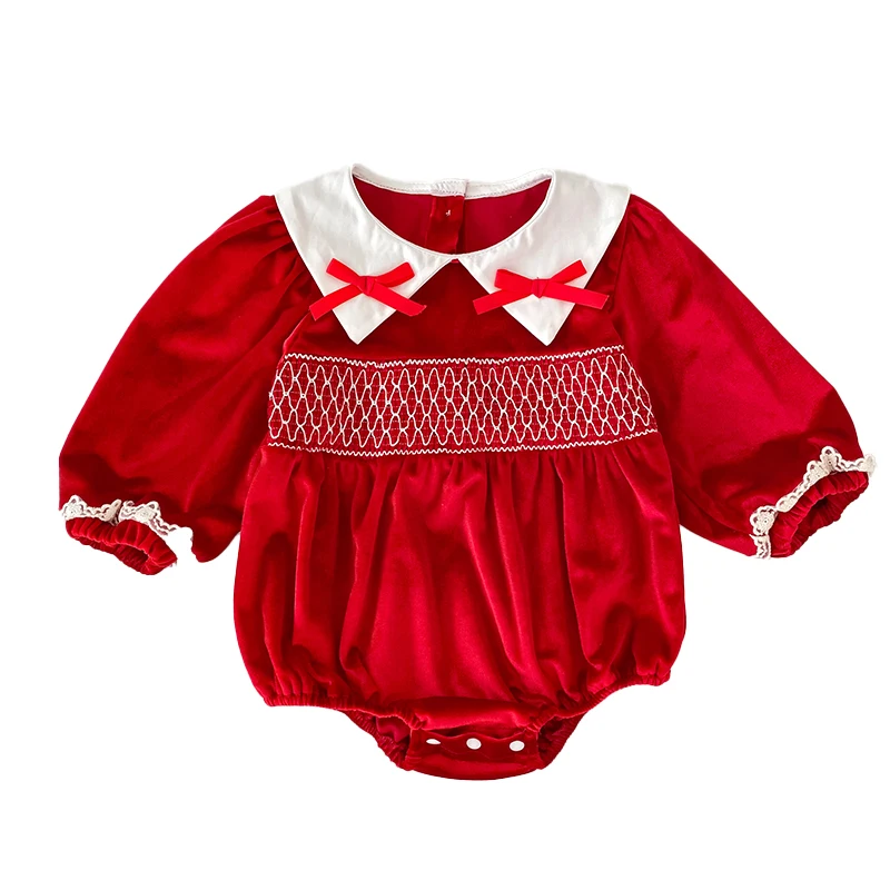 Baby Mädchen Roter Samt-Body mit Schleife Langarm Neugeborenen Party Geburtstags-Outfit Herbst Weihnachten Süßer Baby-Strampler 0-24M – Detail 15