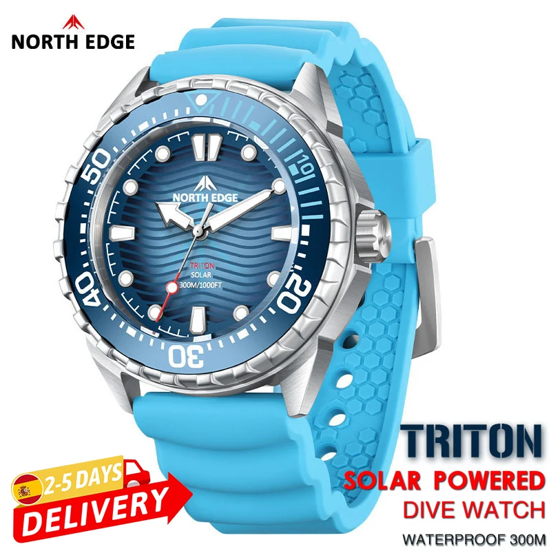 NORTH EDGE TRITON Reloj de buceo con energía solar Relojes digitales de lujo para hombre Caja de acero inoxidable 316L Resistente al agua 300M 180 días en espera