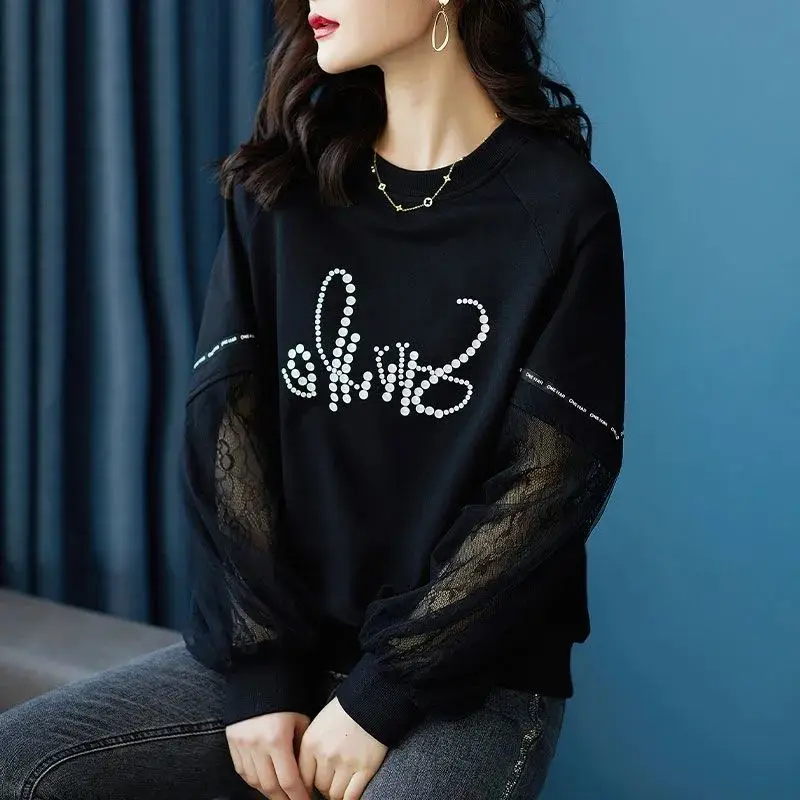 Jerséis de retazos de encaje para mujer, sudaderas de manga larga con estampado coreano, ropa informal, cuello redondo, suelta, primavera y otoño