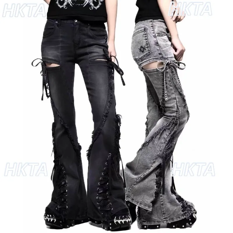 Japanese Subculture Dark Punk Hollowed Strap Flared Denim Pants Y2k Autumn New Street Fashion High Waisted Jeans Long Trousers