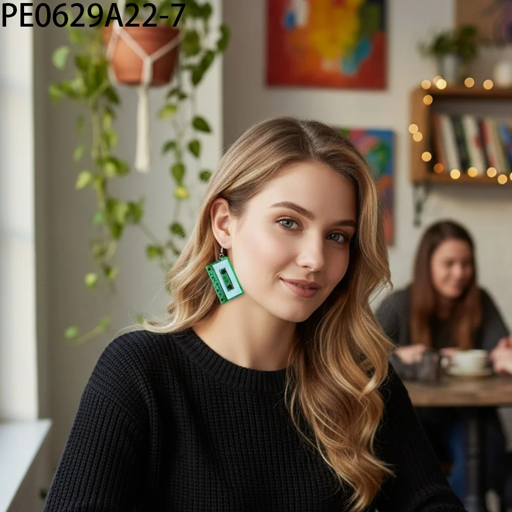 PESENAR 80s-Inspired Green Cassette Tape Earrings - Bold Vintage Fashion for Music Lovers