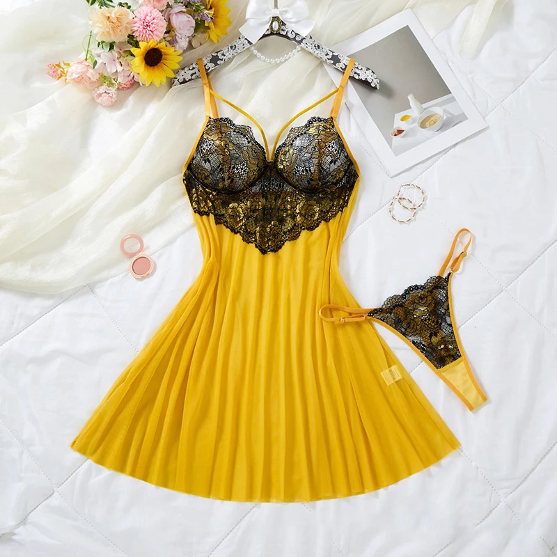 Women Pajamas Dress Luxury Yellow Mesh Chemise With Thong Panty Lace Trim Sexi Night Outfit Suspenders Night Dress for Honeymoon