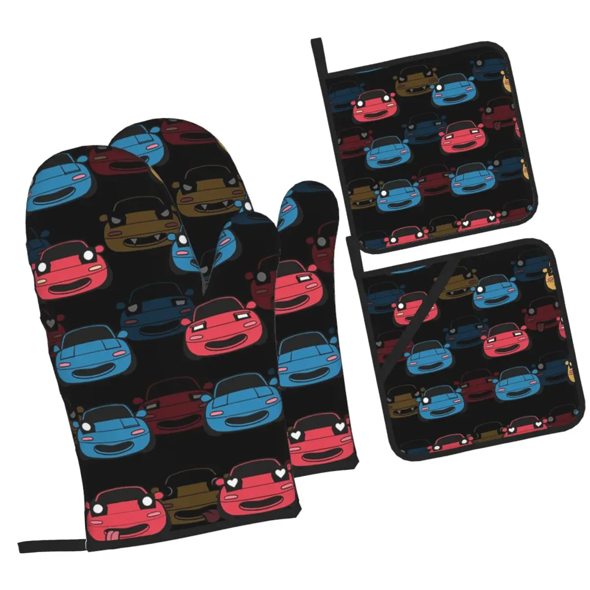 Cute Miata Face Oven Mitts and Pot Holder Sets of 4 for Baking Kitchen Cooking Grilling Resistant Non-Slip Gloves