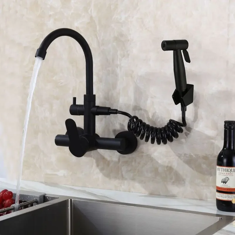 

Black 304 Stainless Steel Wall-mounted Mixing Water Faucet Single Hole Single Handle Hot And Cold Mixing Tap With Spray Gun