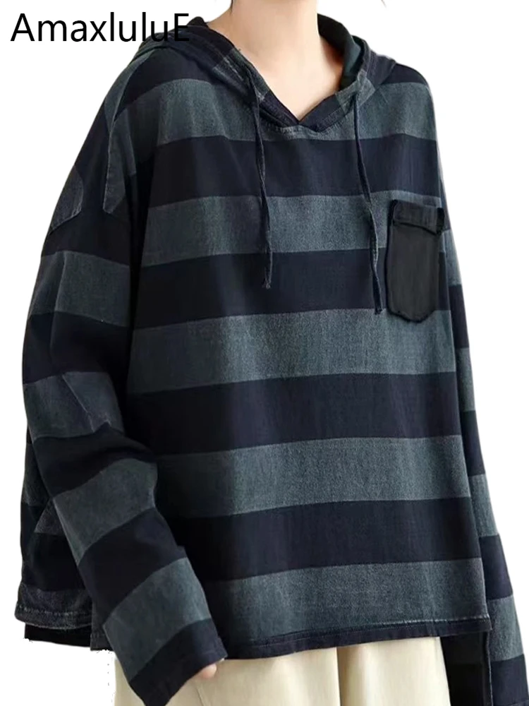 Amax LuluE 2025 Winter Fashion Hooded Striped Tee Shirts Womens Korean Loose Casual Clothes Ladies Classic Elegant Vintage Tops
