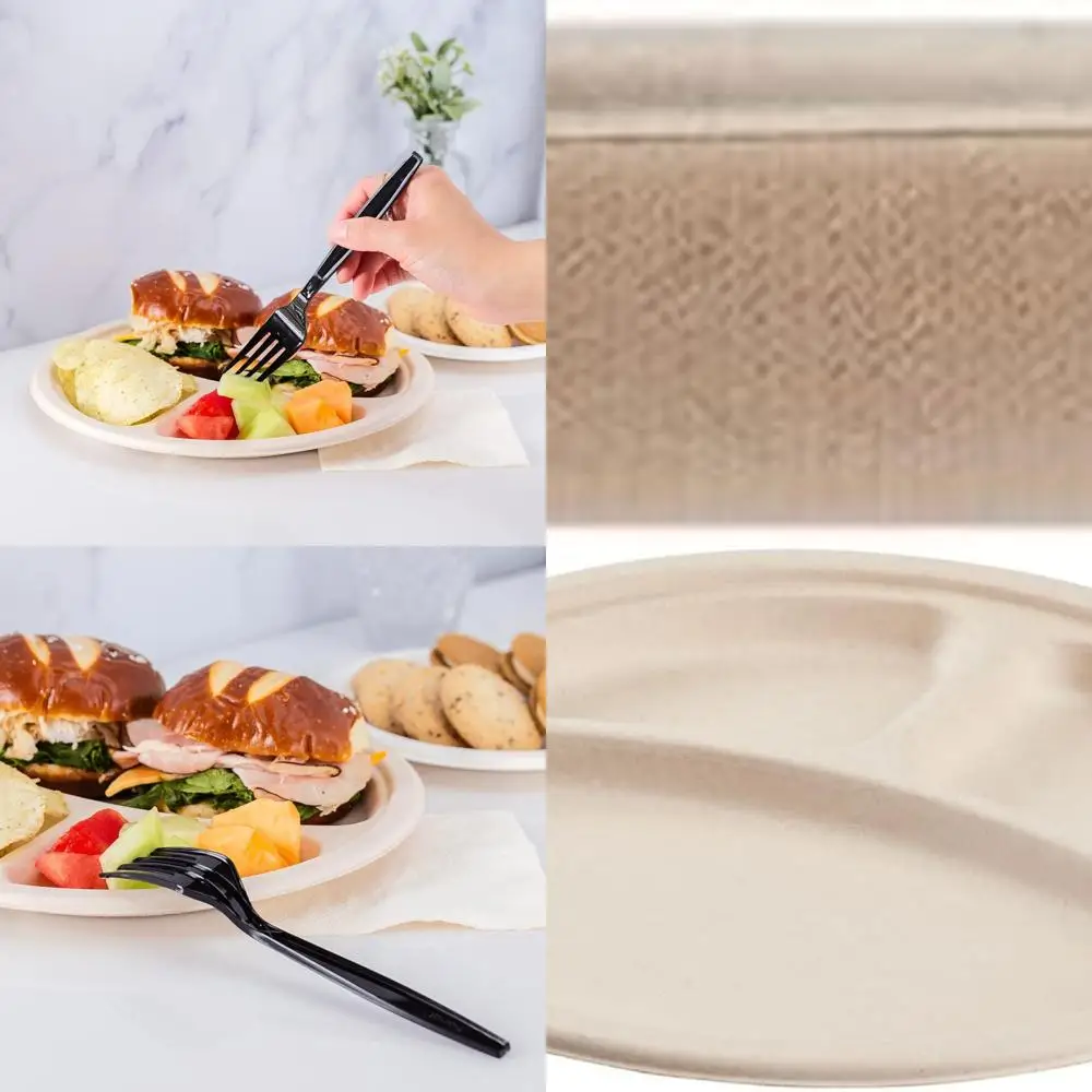 

Экологичные 10 упаковок по 500 шт., 3 секции формованных бумажных тарелок — прочные, компостируемые, натуральные