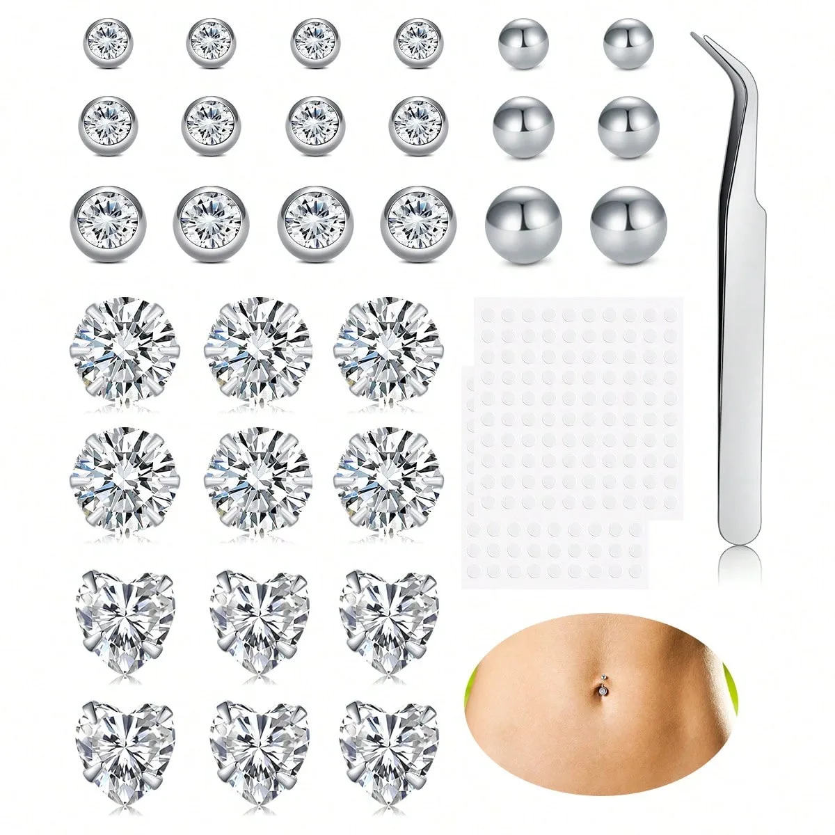 30-35 Stück/Set Fake-Bauchnabelringe, Bauchnabelringe mit Zirkonia, nicht-piercing Schmuck für Lippen/Nase/Augenbrauen – Detail 6