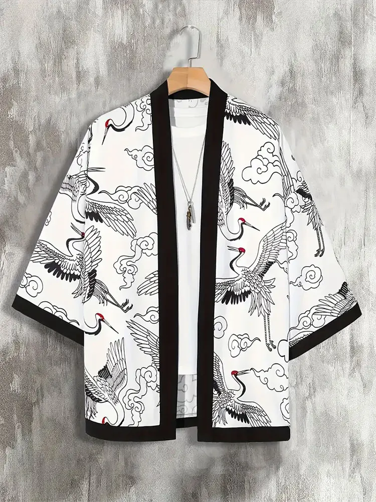 Pakaian Pria Cardigan Santai Liburan Luar Ruangan, Kimono Tradisional Jepang, Cardigan Pria Cetak 3D Motif Gelombang Kimono Tradisional