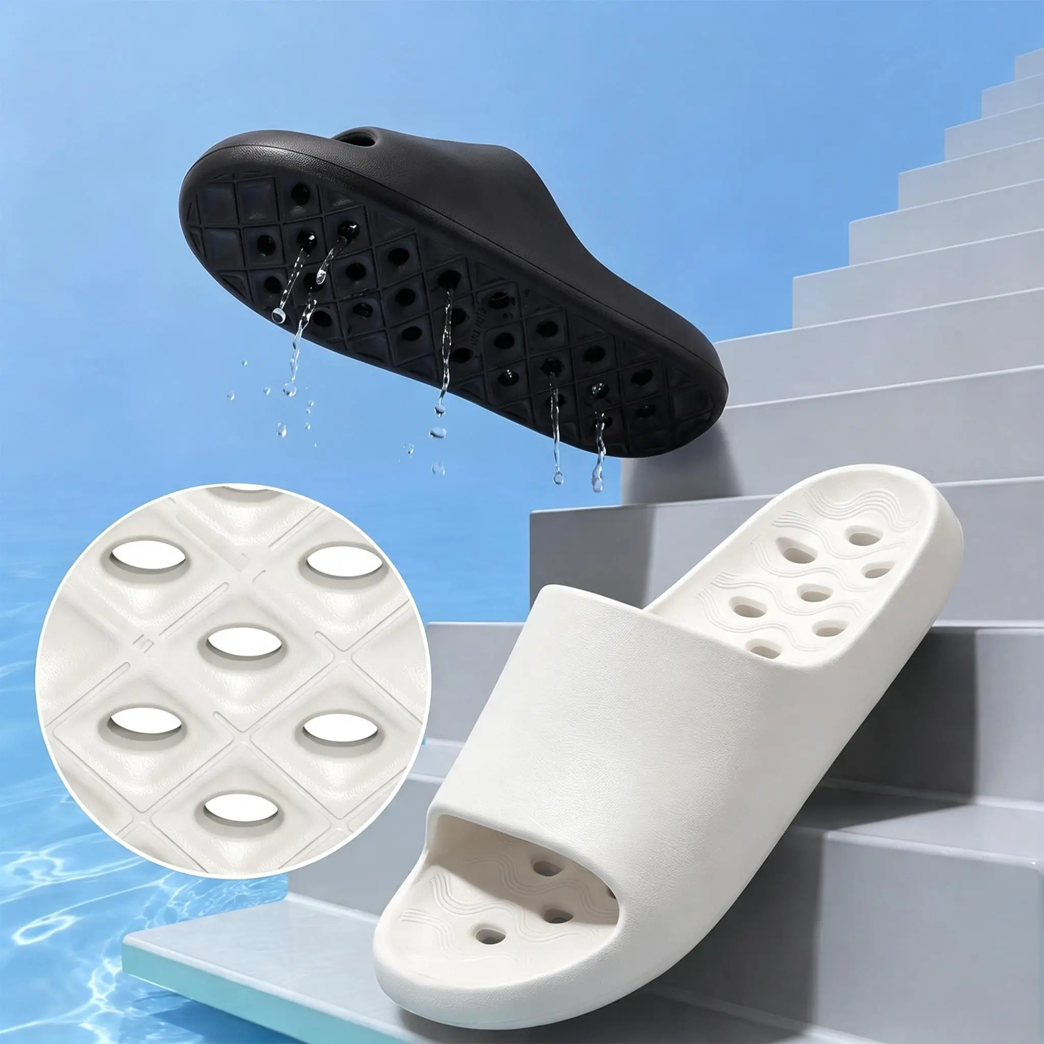 Men Hollow Drainage Shower Slippers EVA Quick Dry Non Slip Slides Breathable Bathroom Sandals Indoor Home Casual Footwear