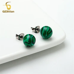 Charming Malachite Stone Earrings 6mm 8mm Green Ball Ear Studs Hypoallergenic Titanium Earings for Women Men Minimalist Jewelry
