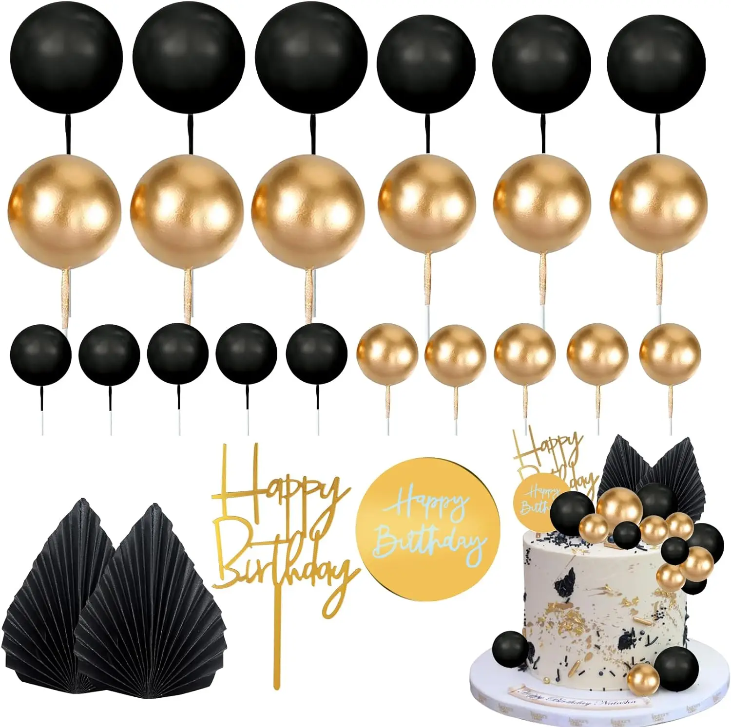 26pcs Man Black Cake Topper Black Gold Balls Palm Leaves Black Gold Cake Decorations for Black Theme Wedding Birthday Party