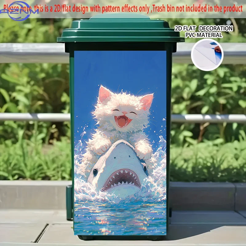 [2D Flat Printing] 1pc 2D Pattern Printing Kitchen Trash Can Sticker X Cm White Cat Riding Shark Breaking Waves Theme Kitchen