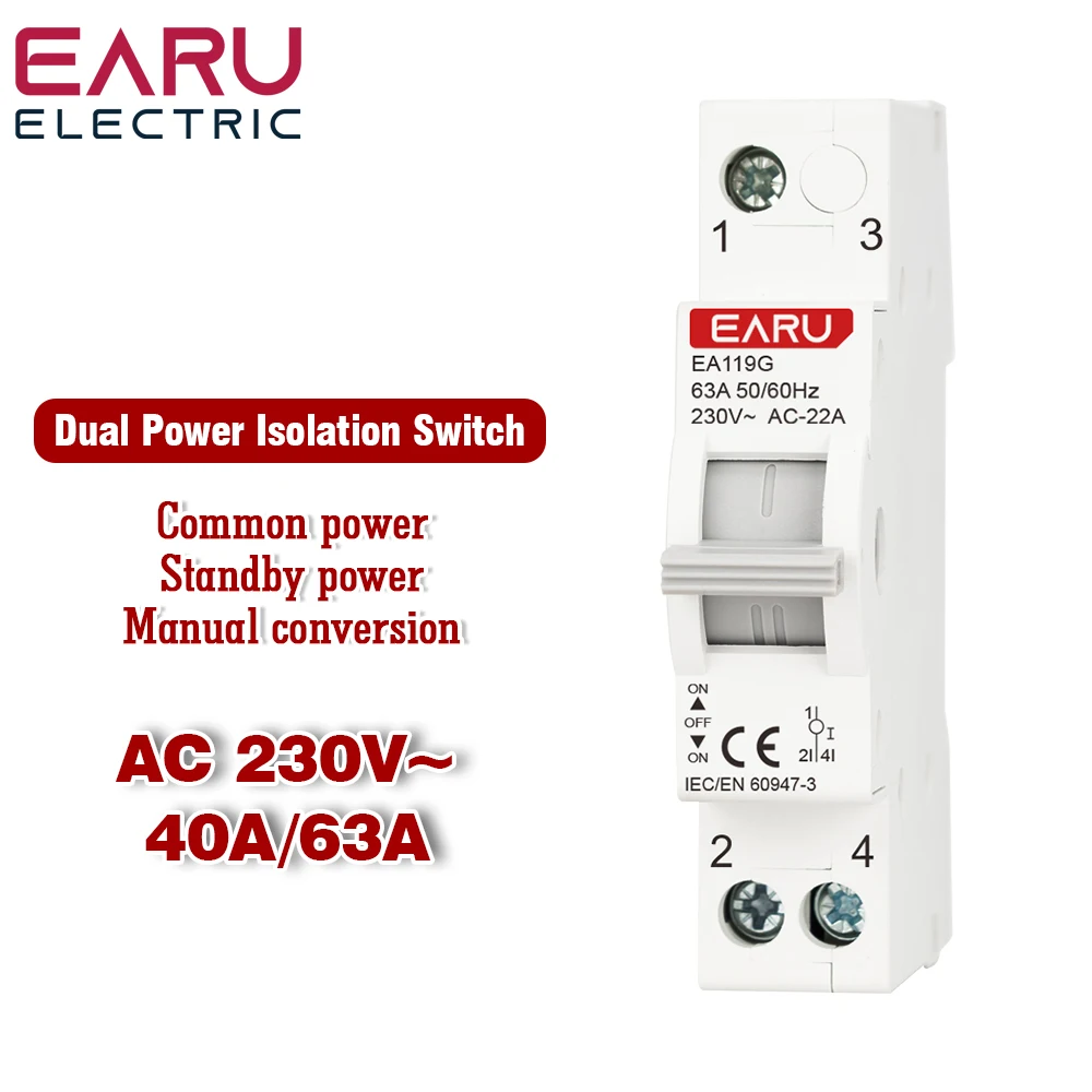 1P 40A 63A MTS Dual Power Manual Transfer Interlocking Circuit Breaker Din Rail Isolating and Disconnecting Switch Functions