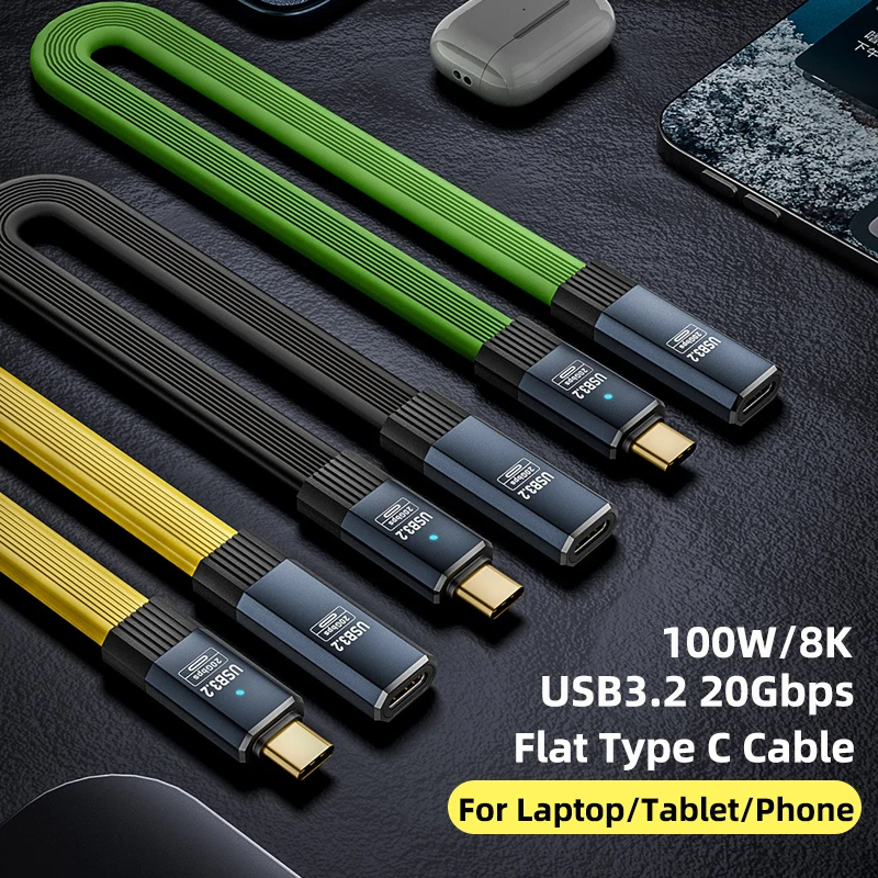 

100W Flat Male to Female Type C to C Extension Data Cable USB3.2 20Gbps 8K USB C Cable Cord for iPhone 15 Huawei Xiaomi Switch
