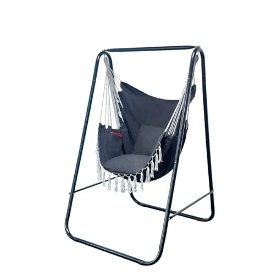 

Прочное кресло-гамак с подставкой для использования в помещении и на улице, темно-серое, с 2 подушками, максимальная нагрузка 500 фунтов.