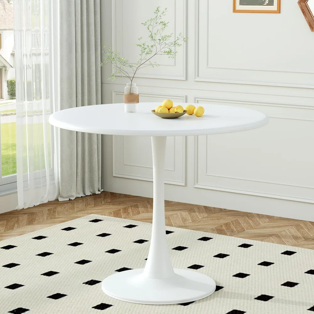 

White Round Dining Table, Mid-Century 32" Tulip Dining Table with 0.8" Thickened Top and Metal Sturdy Pedestal, for Living Room