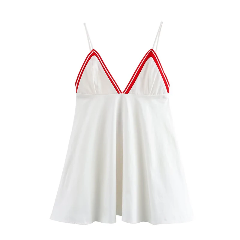 YENKYE Fashion Contrasting Striped Ribbed Trim White Short Dress Women Sexy Spaghetti V Neck A-line Mini Summer Dresses New 2025