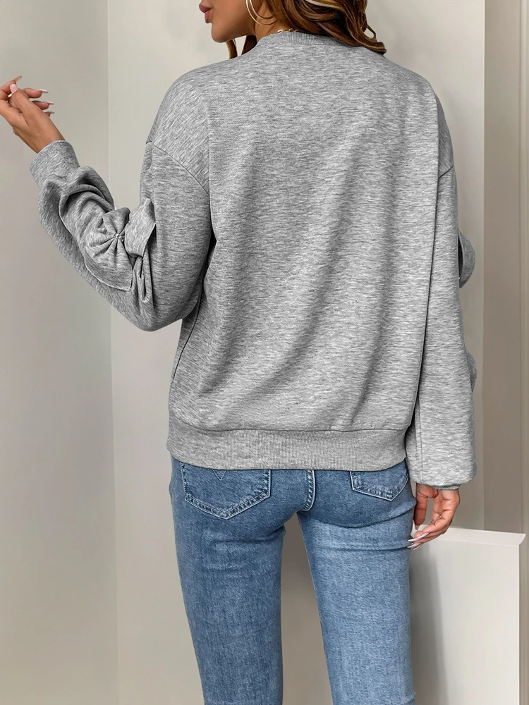Bowknot Decor Long Sleeve Pullover Round Neck Sweatshirt Top Spring Casual Sporty Wear