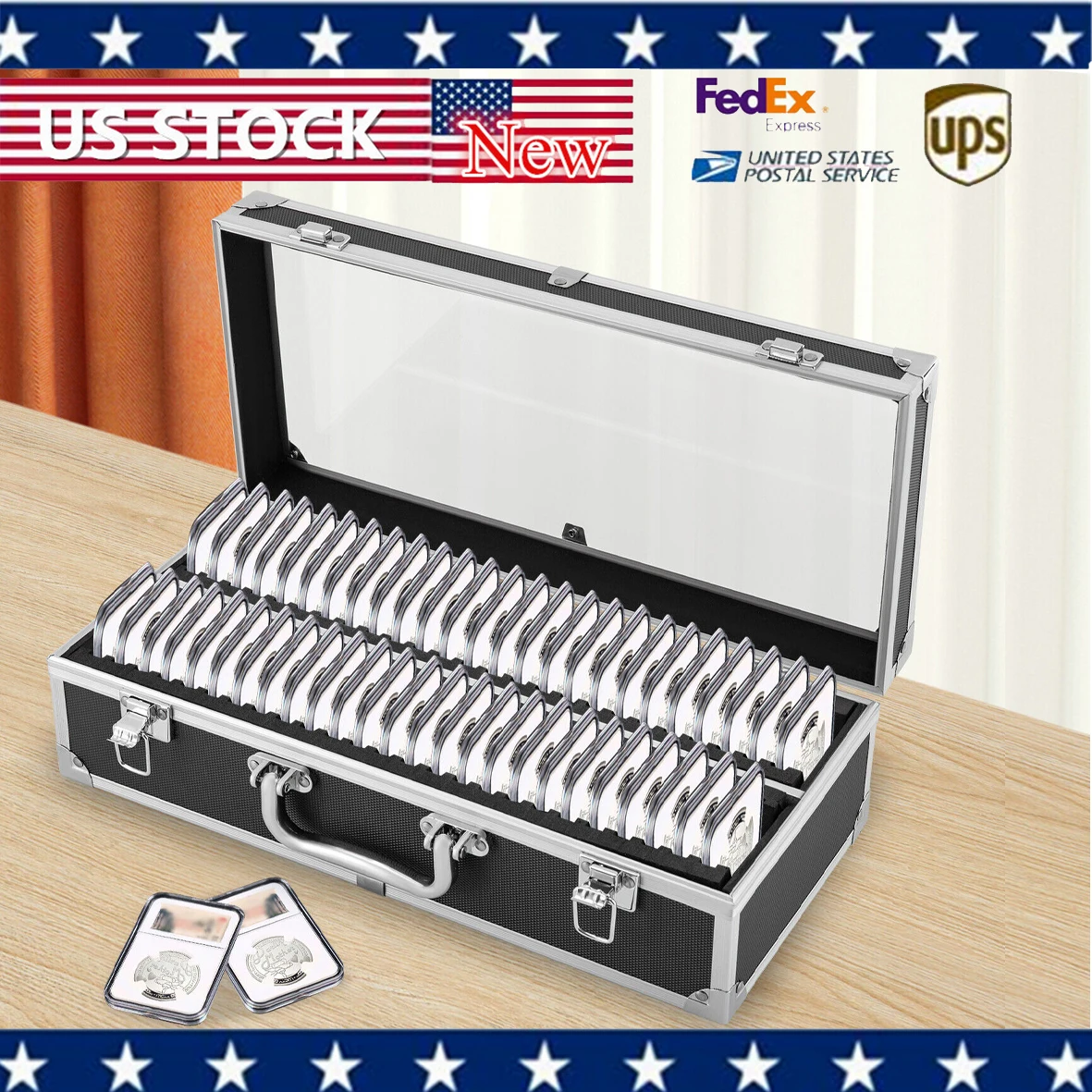 

Алюминиевый футляр для хранения и демонстрации монет, держатель для монет с 50 слотами, футляр для хранения монет в слабах с прозрачной крышкой