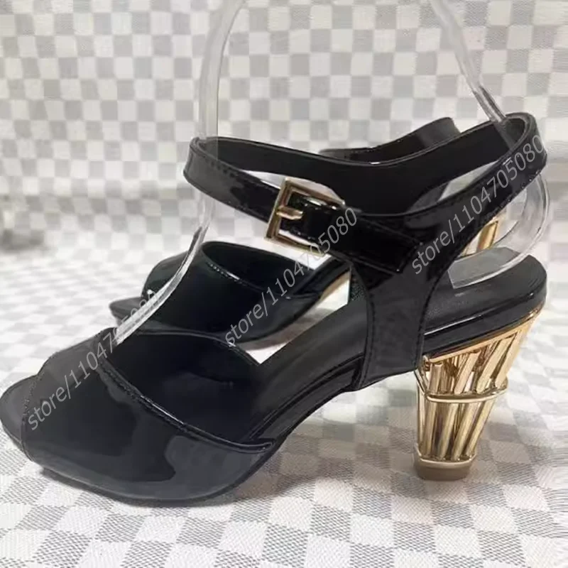 Light Green Plaid Birdcage Heels Gold Sandals Women Black Crystal Round Open Slipper Bling Hollow Buckle Office Lady Casual Shoe