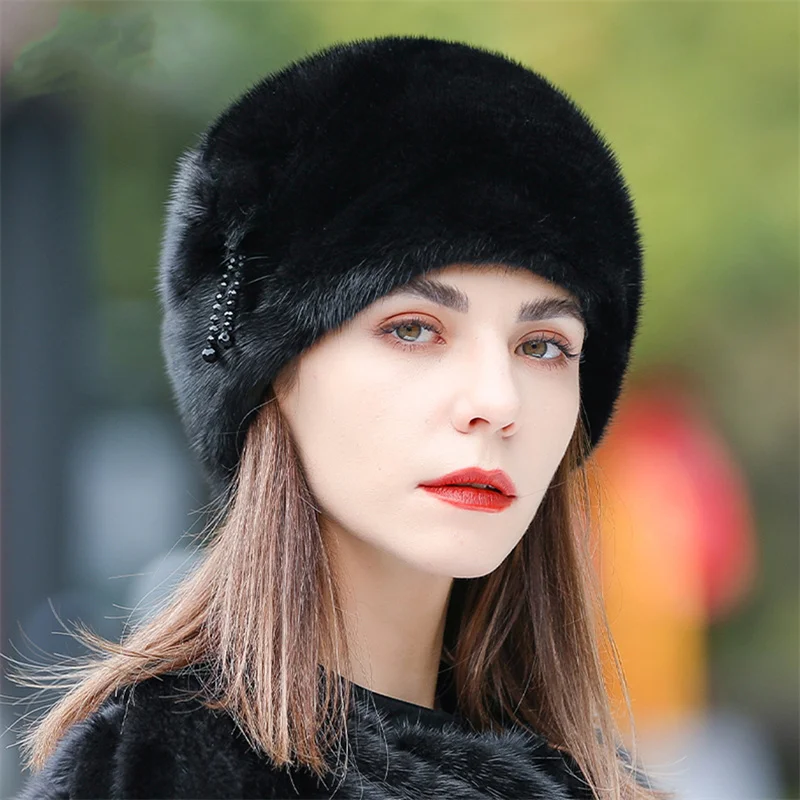 New Russian Women\'s Fur Ski Cap Winter Warm Mink Cap Luxury Hat Female Ear Cap Fishermen Warm Ear Cap Flower Basin Cap