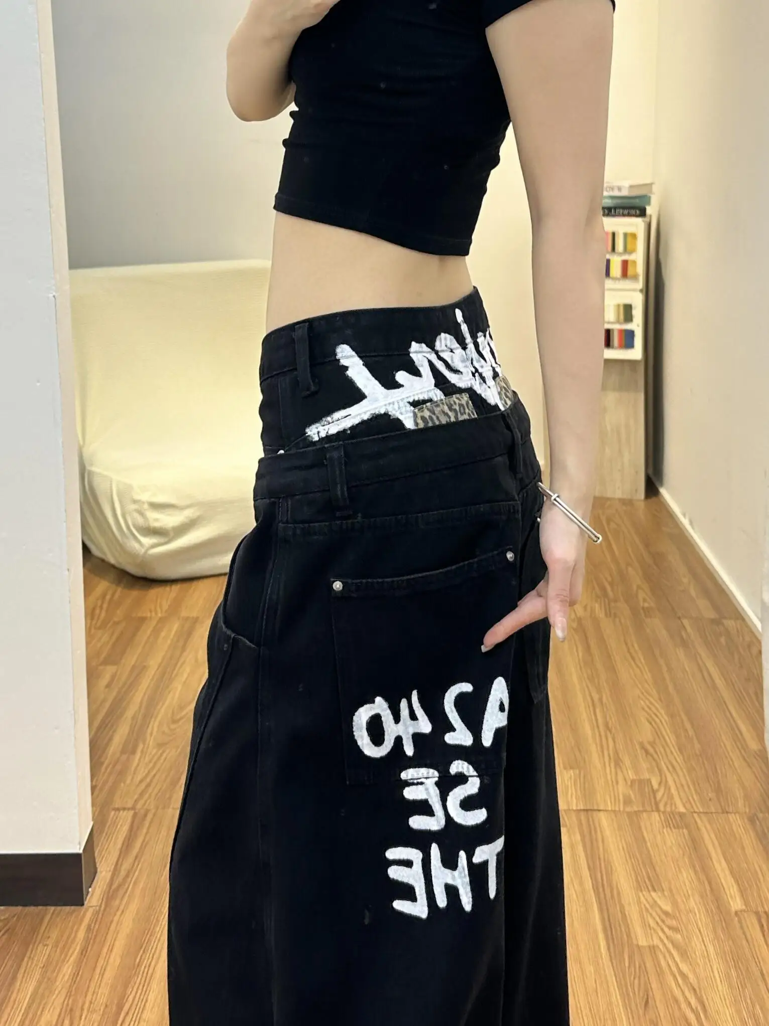 

American Retro Double Waist Knife Letter Print Wide Leg Jeans Women's Loose Slimming Design High Waist Denim Pants