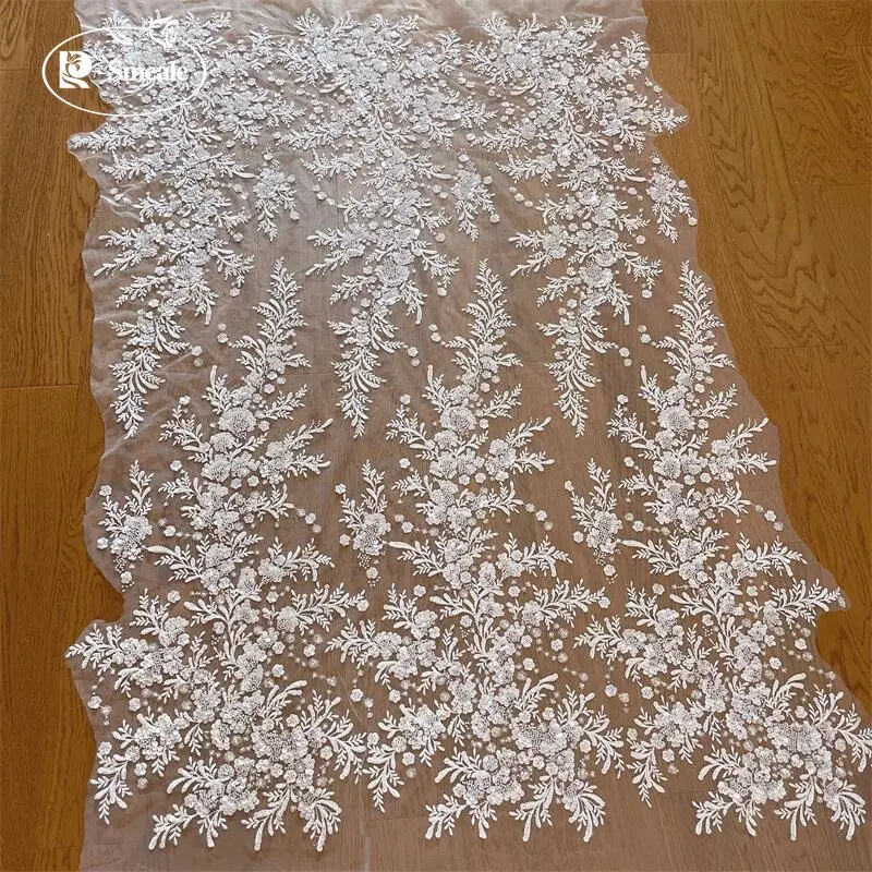 Embroidered Lace Fabric for Wedding Dress Shining, 3D Flowers, Beaded Sequins, Off-White, RS4081