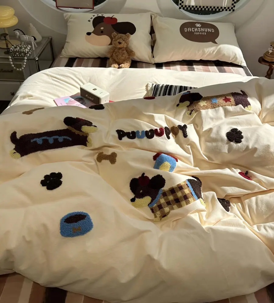 Cute towel embroidery dog cat brown green bedding set,twin full queen king cotton home textile bed sheet pillow case quilt cover