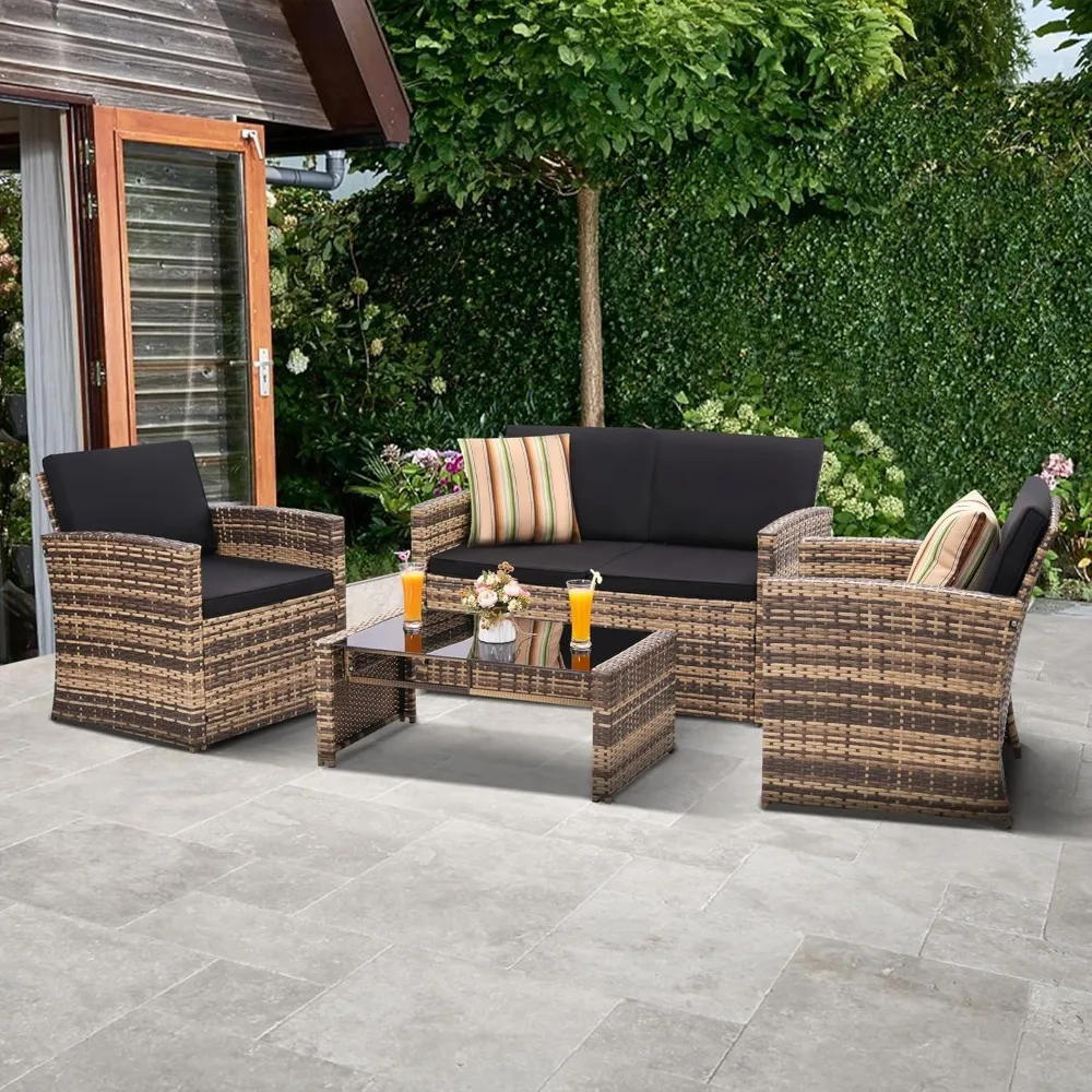 4 Pieces Patio Conversation Set, Outside Rattan Sectional Sofa, Cushioned Furniture Set, Wicker Sofa Ideal for Garden, Porch