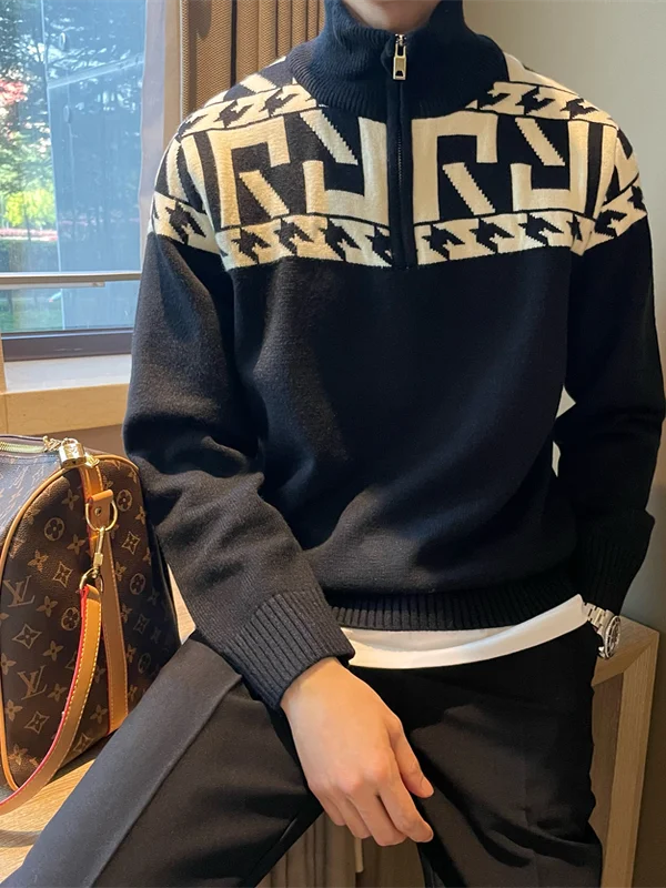 

Мужской вязаный свитер свободного кроя с высоким воротником на молнии, утепленный, с геометрическим цветовым блоком, повседневный, зимний