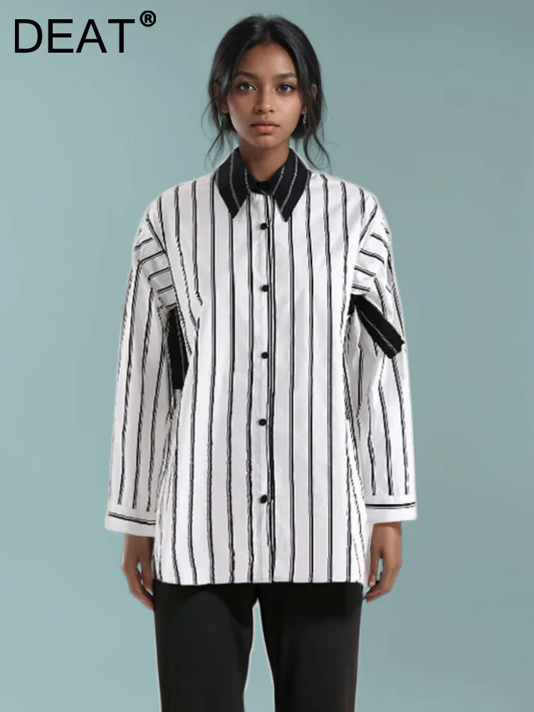 

DEAT Fashion Women's Contrast Color Spliced Striped Design Shirts 2024 Autumn Trendy Lapel Long Sleeve Blouse Female CPDB024