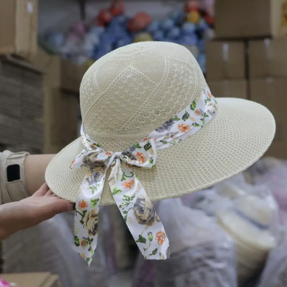 Big Brim Fisherman Hats Women Summer Beach UV Protection Wide Brim Straw Hats Fashion Breathable Cap With Ribbon Decorations