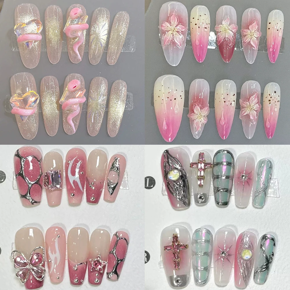 10Pcs Sweet Cool Long Coffin Almond Handmande Wearable Nail 3D Flower Snake Silver Mirror Powder Bowknot Party Nail Sticker