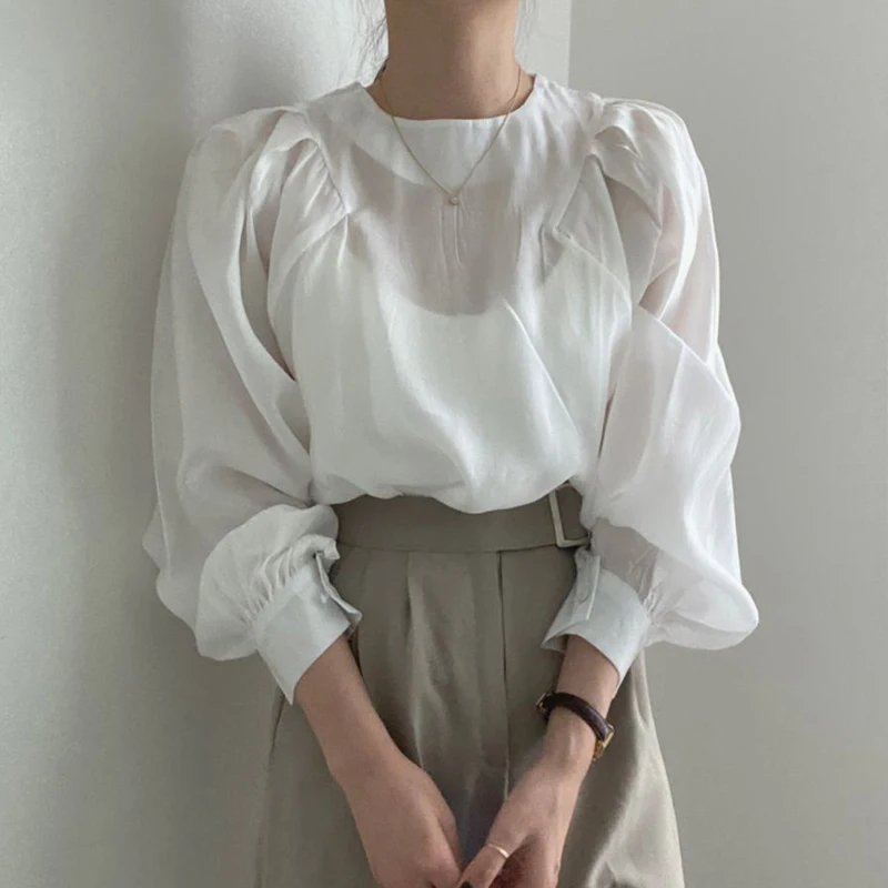 

Retro Bubble Sve White irt Women's Spring Summer Thin Design Simple round Ne Sun Protection Top Lace Snowflake Pattern