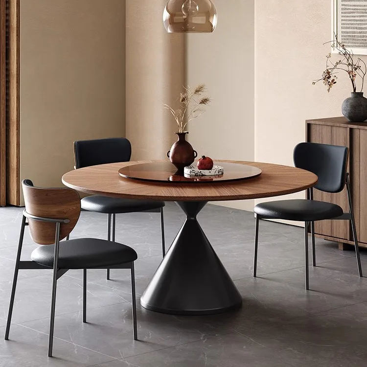 

French retro solid wood round table antique style with turntable small apartment parquet household dining table and chairs walnu