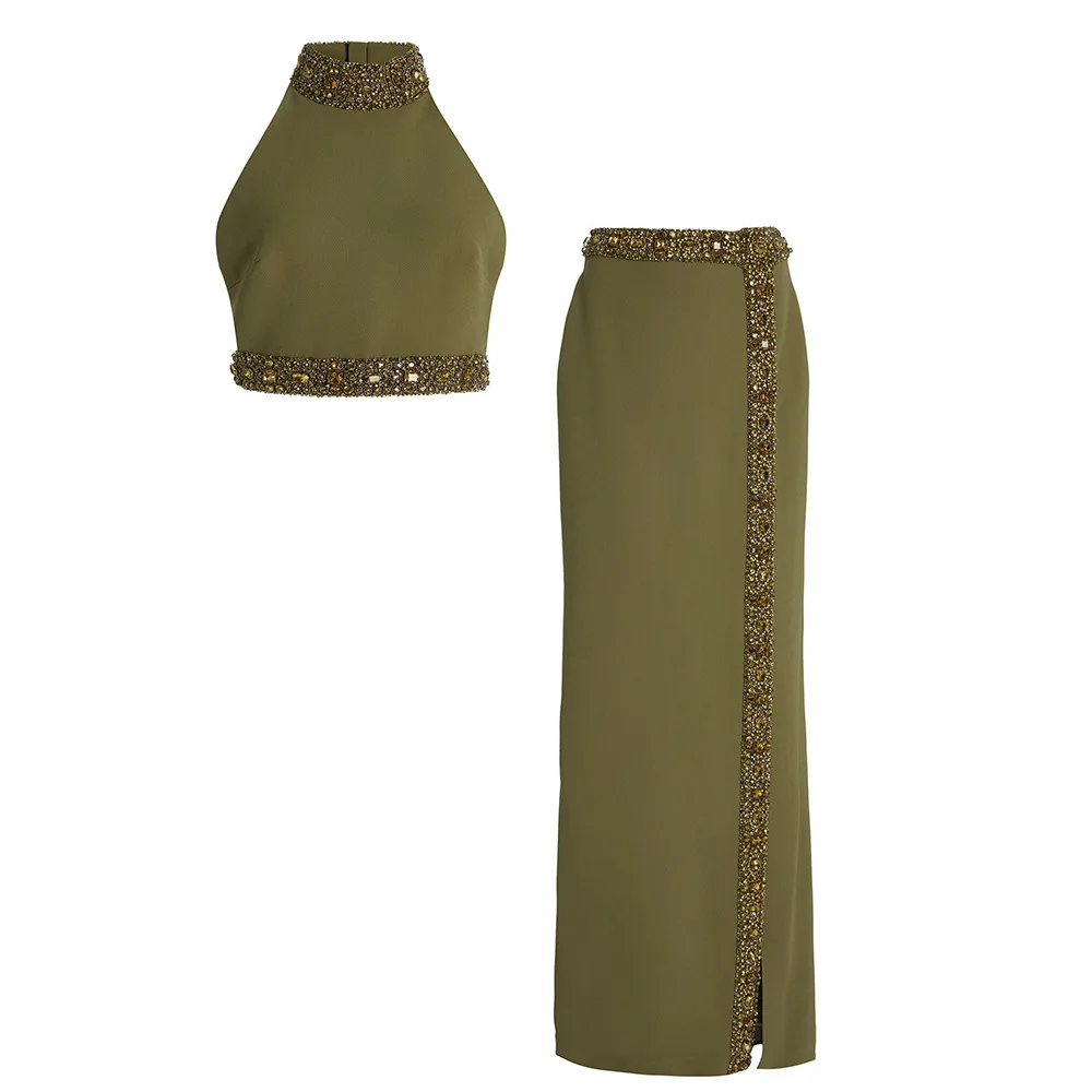 QMQA moda mujer cuentas diamante empalmado 2 piezas conjunto colgante cuello camiseta sin mangas falda larga dividida conjuntos elegantes 2025 mujer nuevo QM96