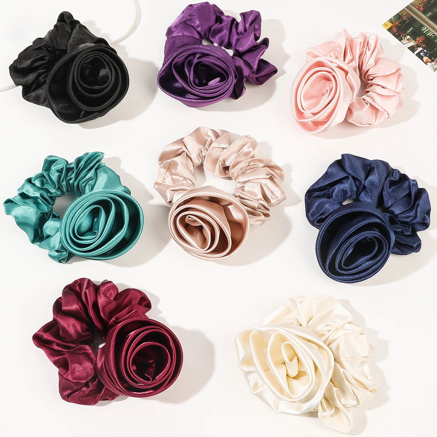 Korean Women Rose Elastic Hair Bands Ties Hair Scrunchies Big Flower Satin Hair Rope Charms Horsetail Rubber Hair Accessories