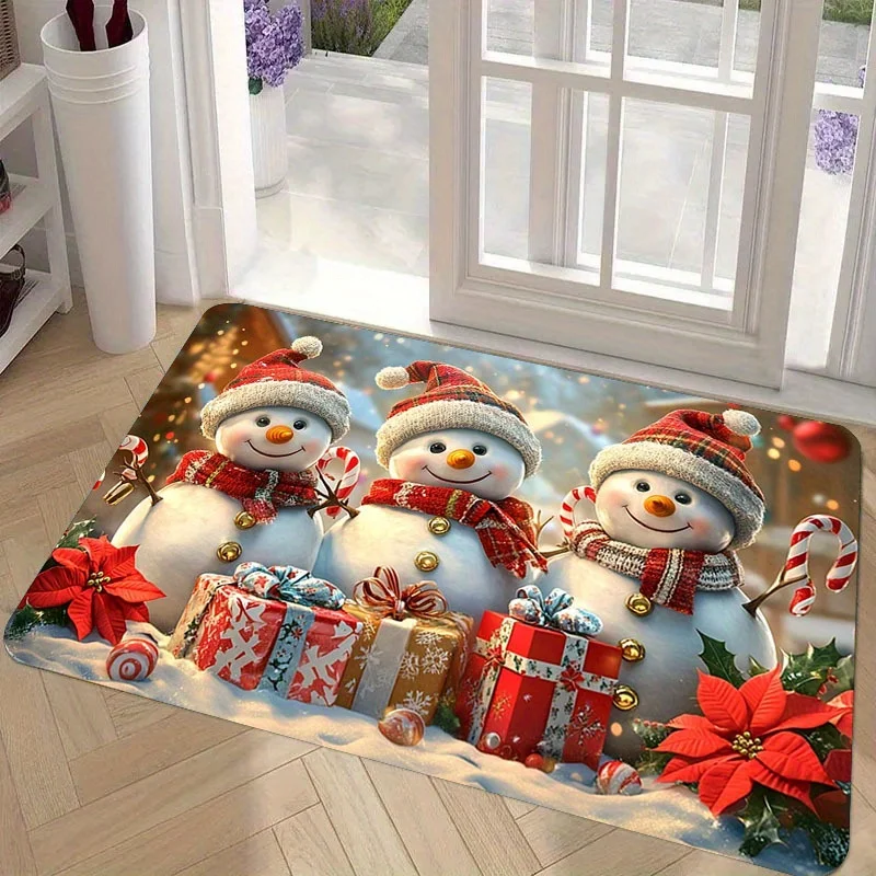 Cute Snowmen Christmas Doormat, 3D Gift Box Rug, Xmas Welcome Mat, Non-Slip Entryway Carpet, Festive Holiday Home Decor