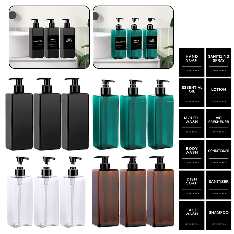 3x 500ml Square Soap Dispenser 12 Labels Sticker Refillable Bottle Empty Container For Bathroom Liquid Lotion Shampoo Shower Gel