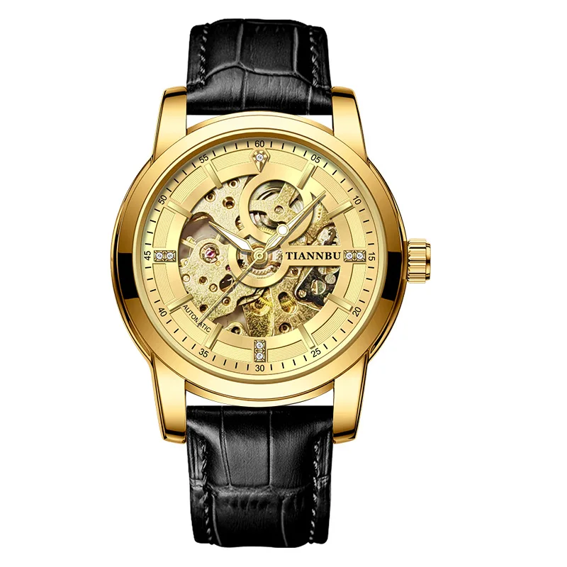 

Men's Gold Skeleton Mechanical Watch Premium Leather Strap Automatic Self-Wind Wristwatch Luxury Fashion Business Timepiece