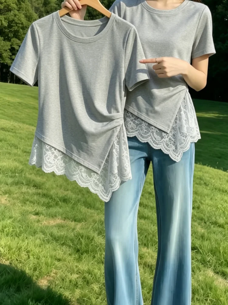 

Summer Lace Splice Short Sleeve T-Shirt Women's 95 Cotton Slim Fit Waist Cinched Shoulder Appropriate Large Size Top