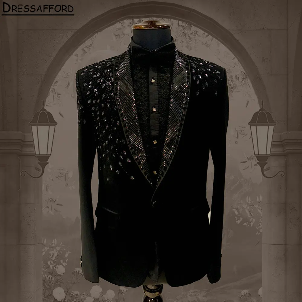 Esmoquin de novio negro hecho a mano con cuentas de cristal, trajes de fiesta de boda para padrinos de boda para hombres, 2 piezas (chaqueta + pantalones)